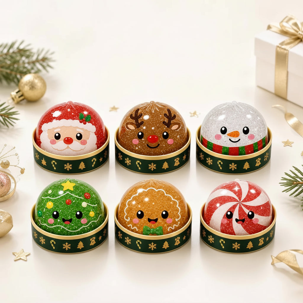 Six Christmas-themed squishy bazois displayed in round gold-toned boxes on a light cream background, with holiday ornaments and pine branches around them. Large text at the top reads 'Christmas Baozi' and includes feature callouts about the same-baozi mold, steamer, transparent top shell, and glitter jelly filling.